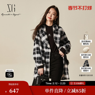 XG雪歌XJ410036B495格纹毛呢外套时尚冬季新款中长款绵羊毛大衣女