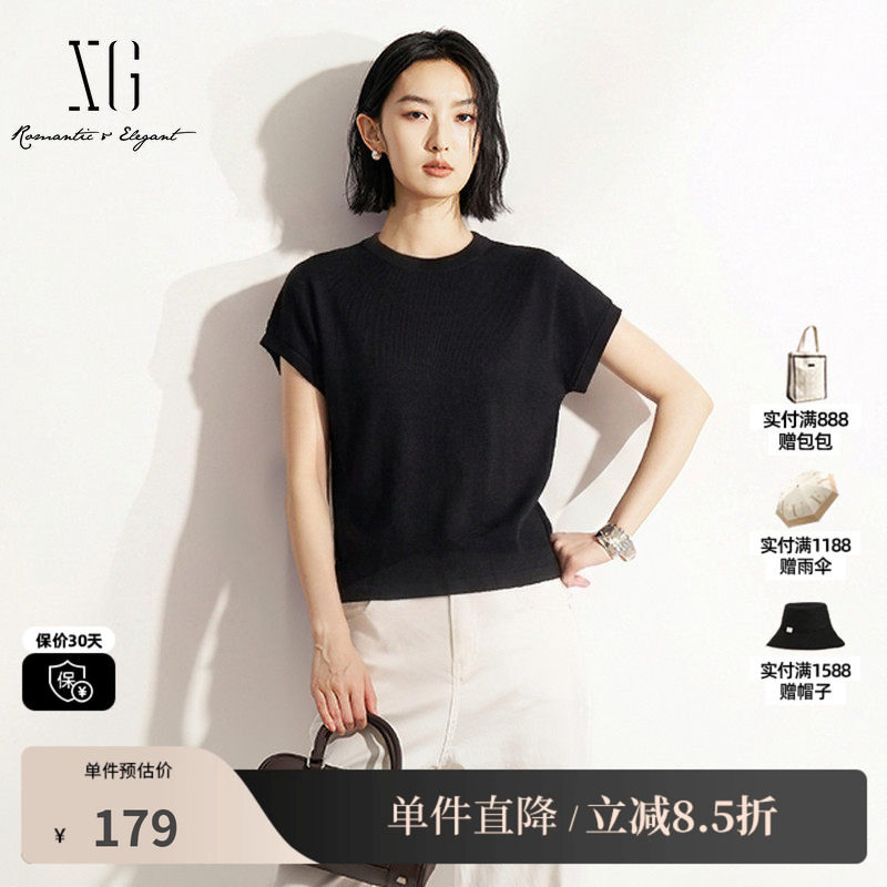 XG/雪歌XM201647A890黑色莱赛尔纯色短袖T恤圆领修身飞袖上衣女装