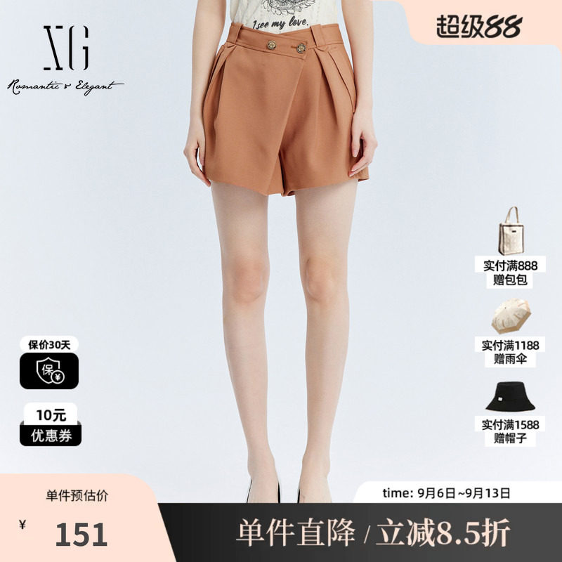 XG/雪歌XJ302001A133桔黄色休闲裤时尚秋季新款压褶直筒短裤女装