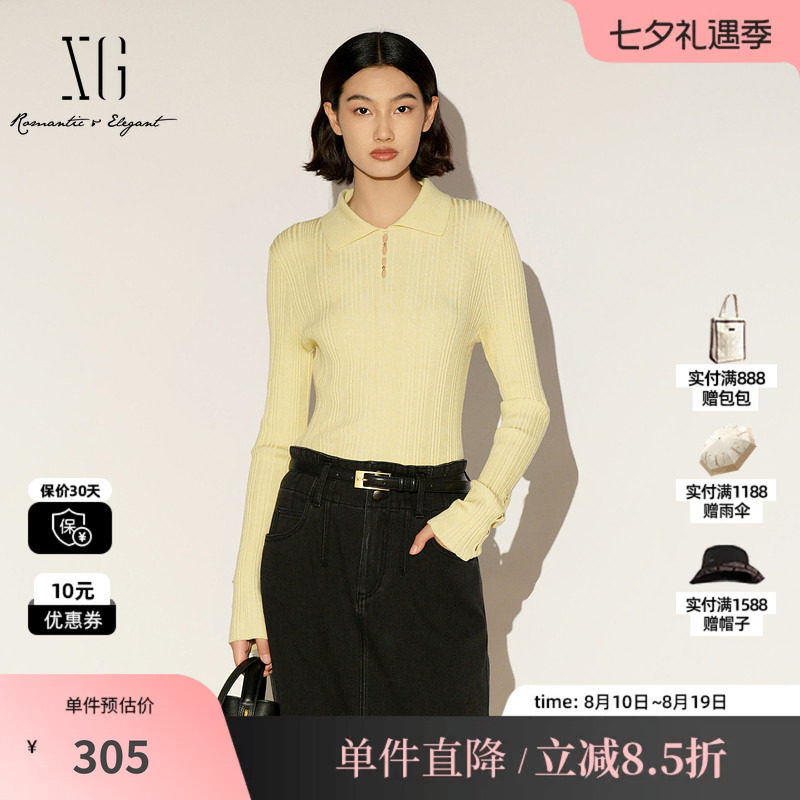 XG/雪歌XL111022A430 莱赛尔长袖针织衫浅黄衬衫领修身镂空打底女