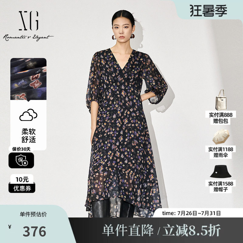 XG/雪歌XL304869A806七分袖连衣裙2025秋季新款高腰印花中长裙女