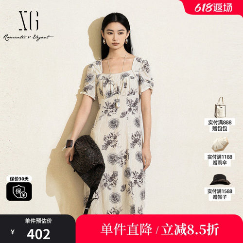 XG/雪歌XK204046B197印花短袖连衣裙2025夏季新款中长款A字裙女装