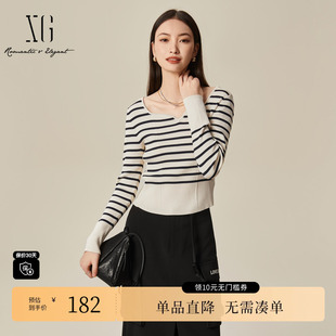新款 春季 短款 方领长袖 女 XG雪歌XJ111006B199条纹毛针织衫 毛衫 时尚