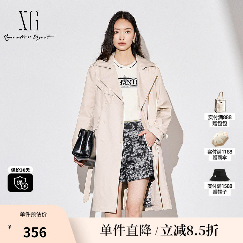 XG/雪歌XJ308009A560浅米色长袖风衣棉感秋季新款翻驳领外套女装