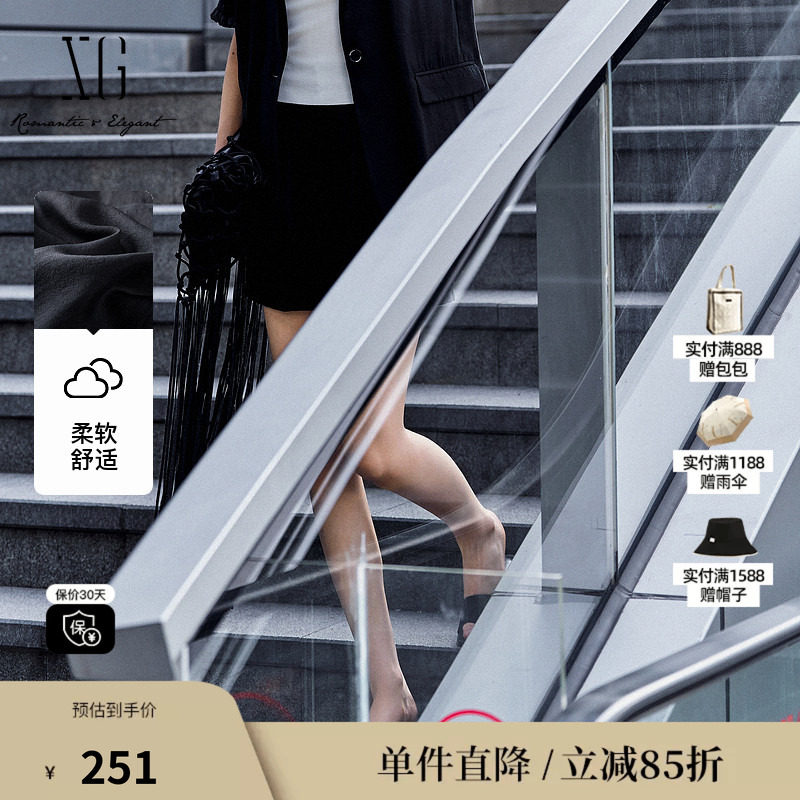 XG/雪歌XL202833A890黑色薄款休闲裤2025夏季新款宽松直筒短裤女