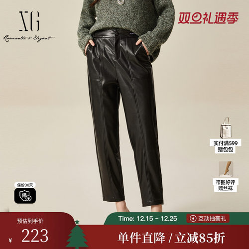 XG/雪歌XJ402049A190黑色街头风休闲裤时尚冬季新款皮质直筒裤女