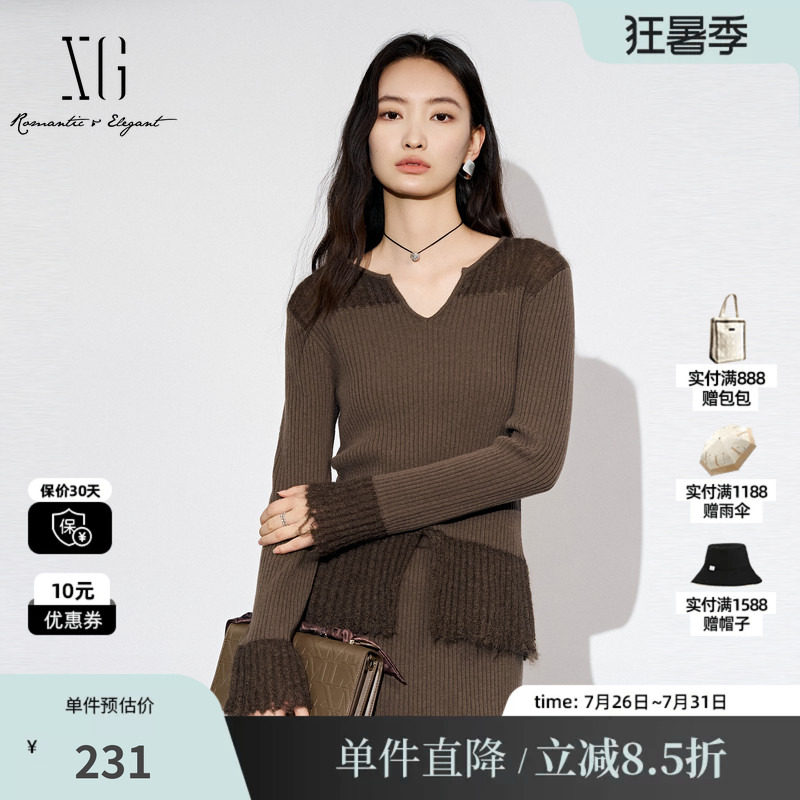 XG雪歌XL311803A844长袖毛针织衫2025秋季新款纯棉羊毛拼接毛衫女