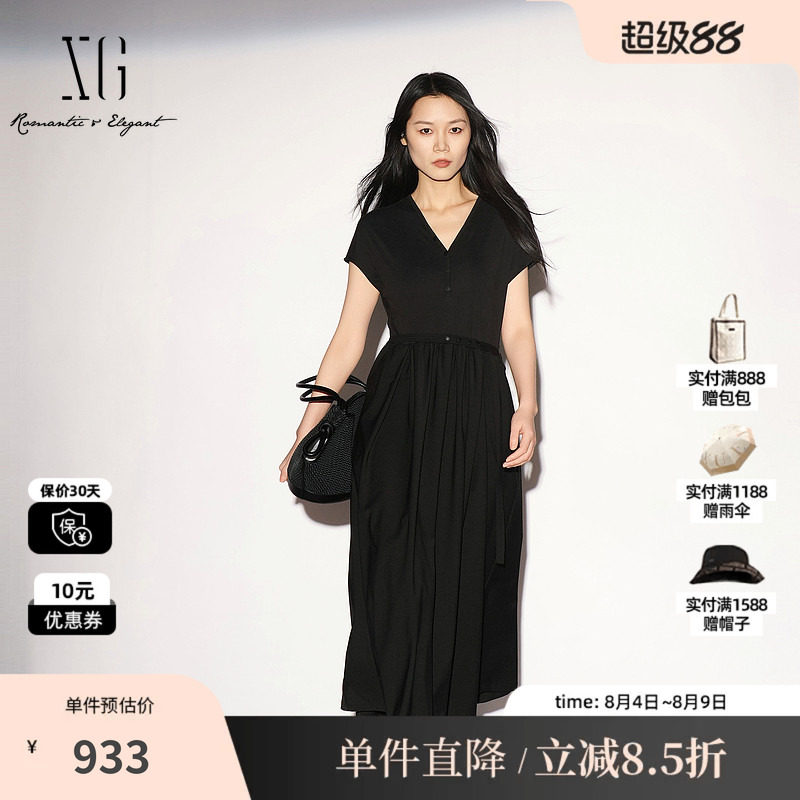 XG/雪歌 XL204020A290黑色V领短袖连衣裙配腰带衬衫领薄A字伞裙女