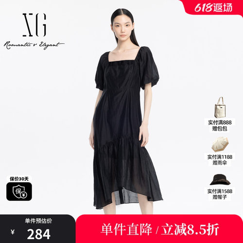 XG/雪歌XJ204006A390黑色方领连衣裙时尚夏季新款莱赛尔中长裙女