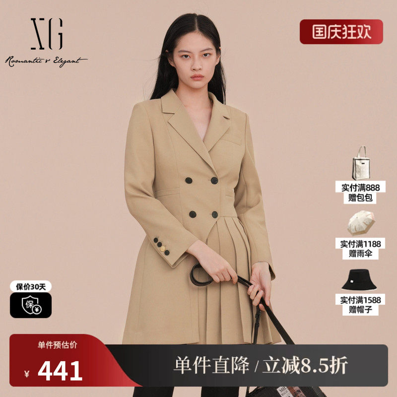 XG雪歌XK107010A173百褶拼接西装2025春季新款卡其色中长款外套女