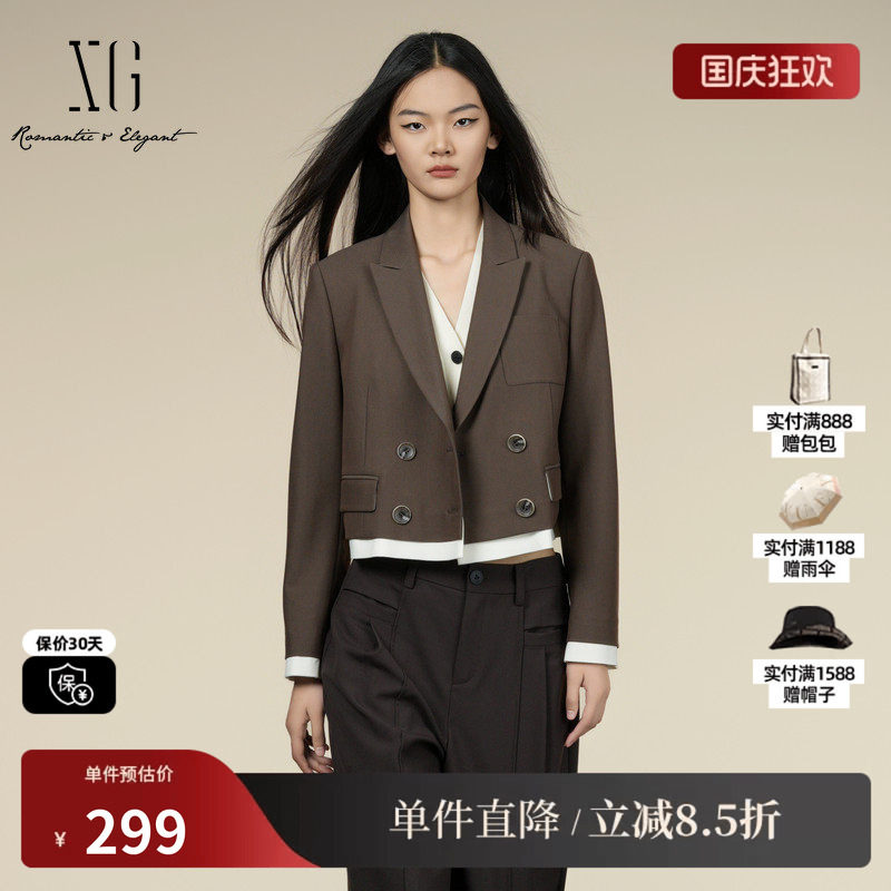 XG/雪歌XK307029A574棕色休闲西装2025秋季新款短款西装外套女装