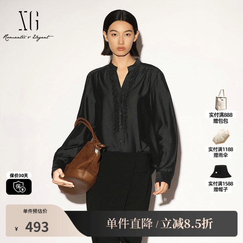 XG/雪歌XL321004A490黑色莫代尔V领立体捏褶长袖衬衫直筒休闲女装