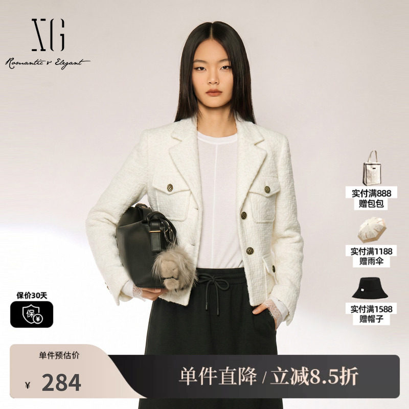 XG/雪歌 XJ410777A851白色羊毛混纺小香风正肩短款直筒毛呢外套女