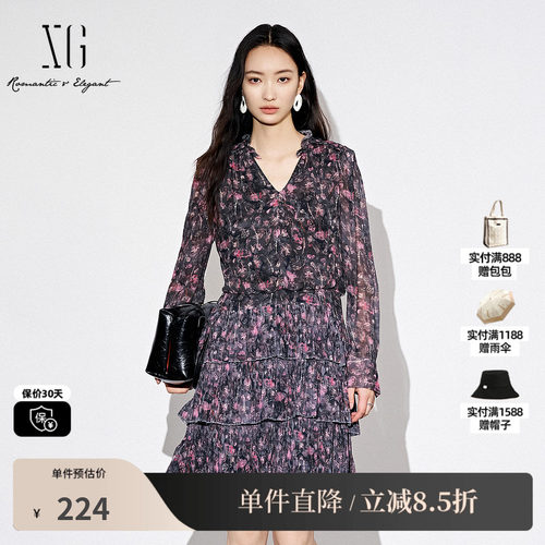 XG/雪歌XJ304003B696碎花长袖V领连衣裙时尚秋季新款短款蛋糕裙女