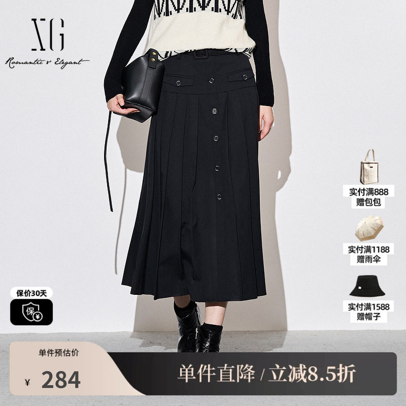XG/雪歌XJ303007A590高腰黑色半身裙时尚秋季新款中长百褶A字裙女