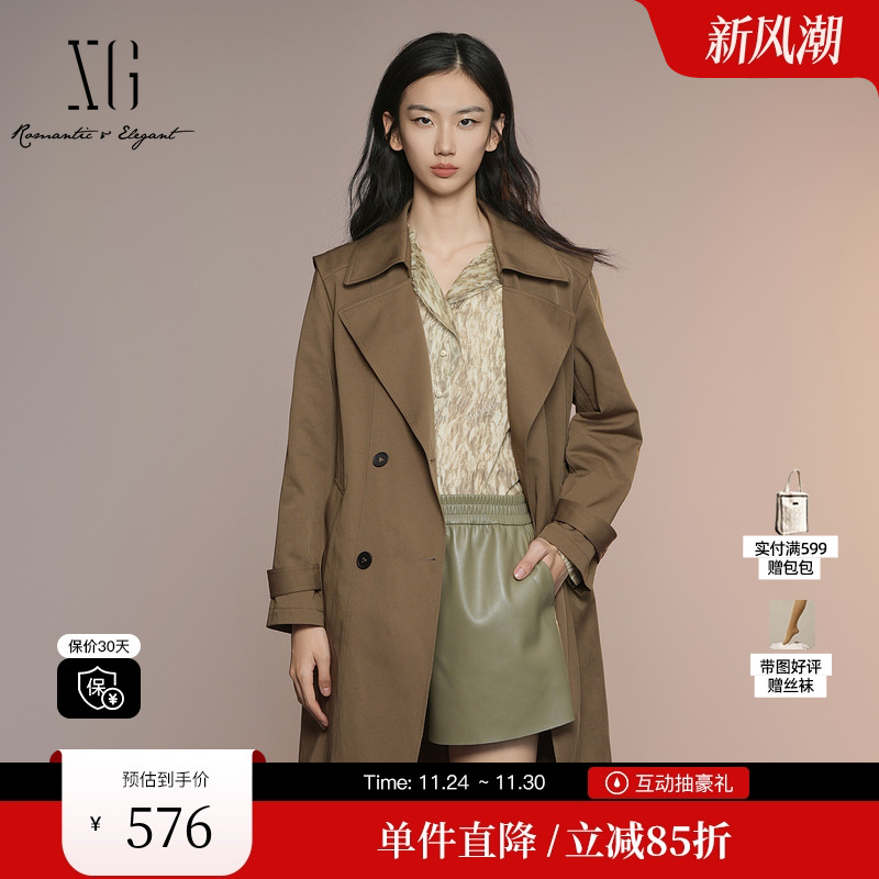 XG/雪歌XK308001A209咖色休闲风衣2025秋季新款系带中长款外套女