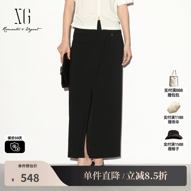 XG/雪歌 XL303004A290黑色直筒开叉通勤半身裙休闲简约西装长裙女