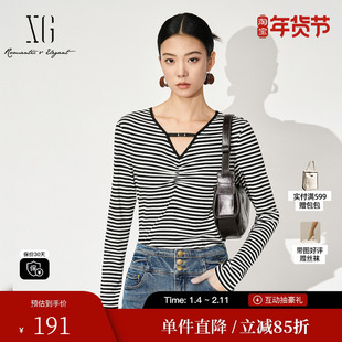 XG/雪歌XK301003B299条纹长袖T恤2025秋季新款镂空V领休闲上衣女