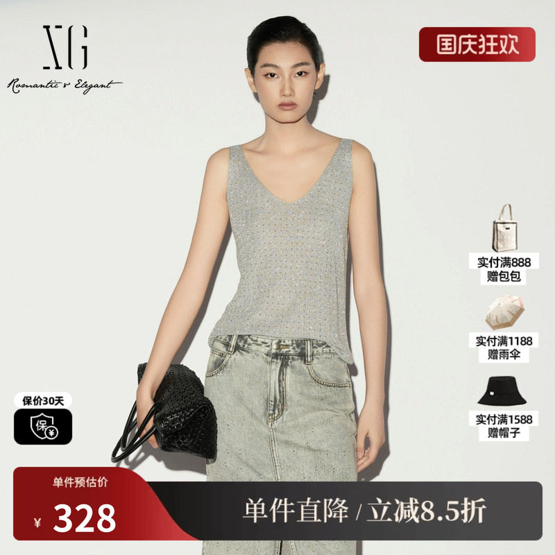 XG/雪歌XL211002A184灰色V领无袖背心薄款亮丝修身搭配吊带内搭女