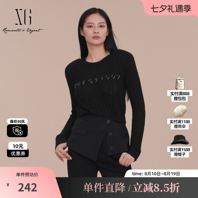 XG雪歌XK111020A290黑色长袖毛针织衫2025春季新款修身套头毛衫女