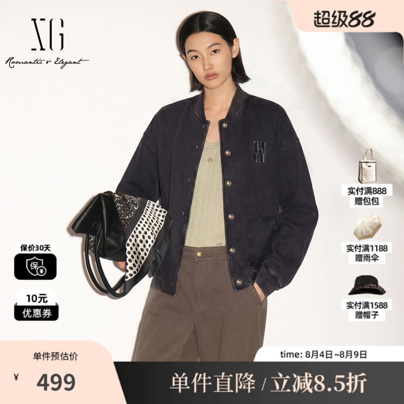 XG/雪歌 XK307685A883深灰色纯棉做旧棒球领长袖外套宽松休闲女装