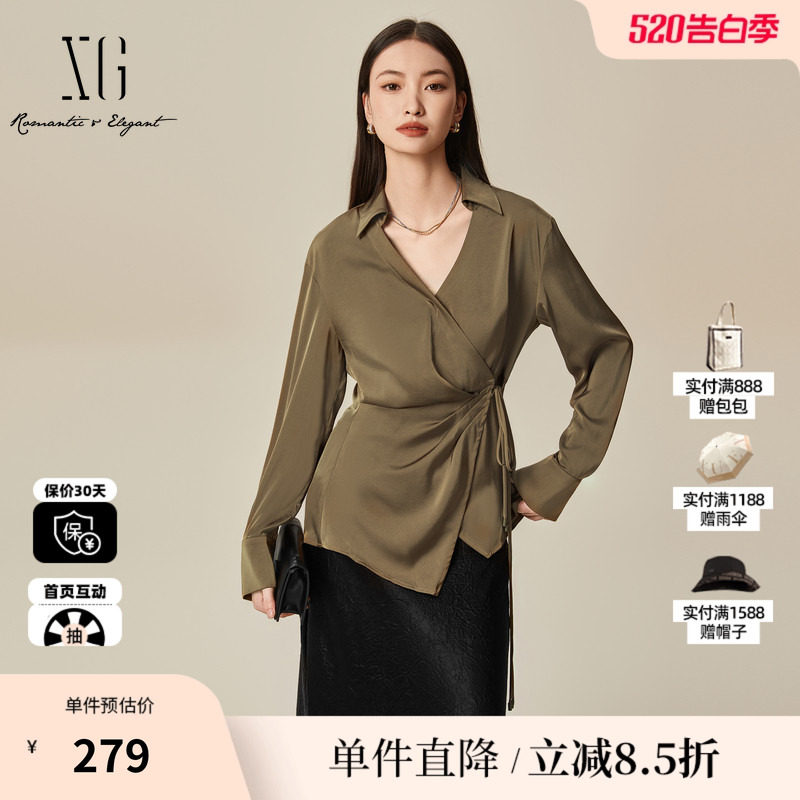 XG/雪歌XK121020A275系带设计长袖衬衫2025春季新款驼色上衣女装