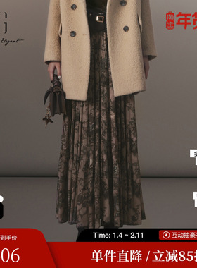 XG/雪歌XJ403033B396印染半身裙2024冬季新款高腰中长款百褶裙女