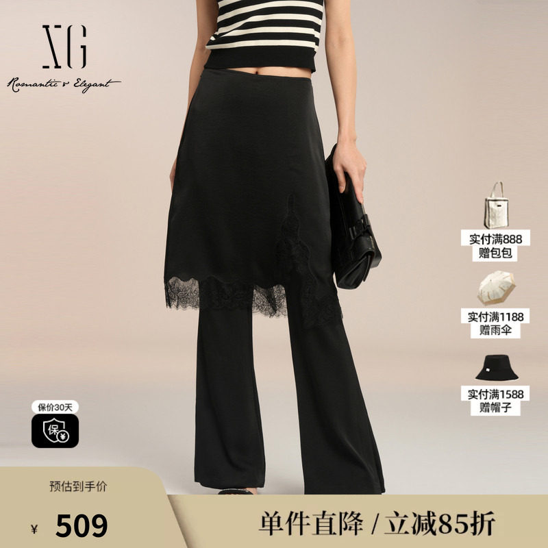 XG/雪歌XK202005A190黑色裤2025夏季新款微喇裤蕾丝西装裤子女