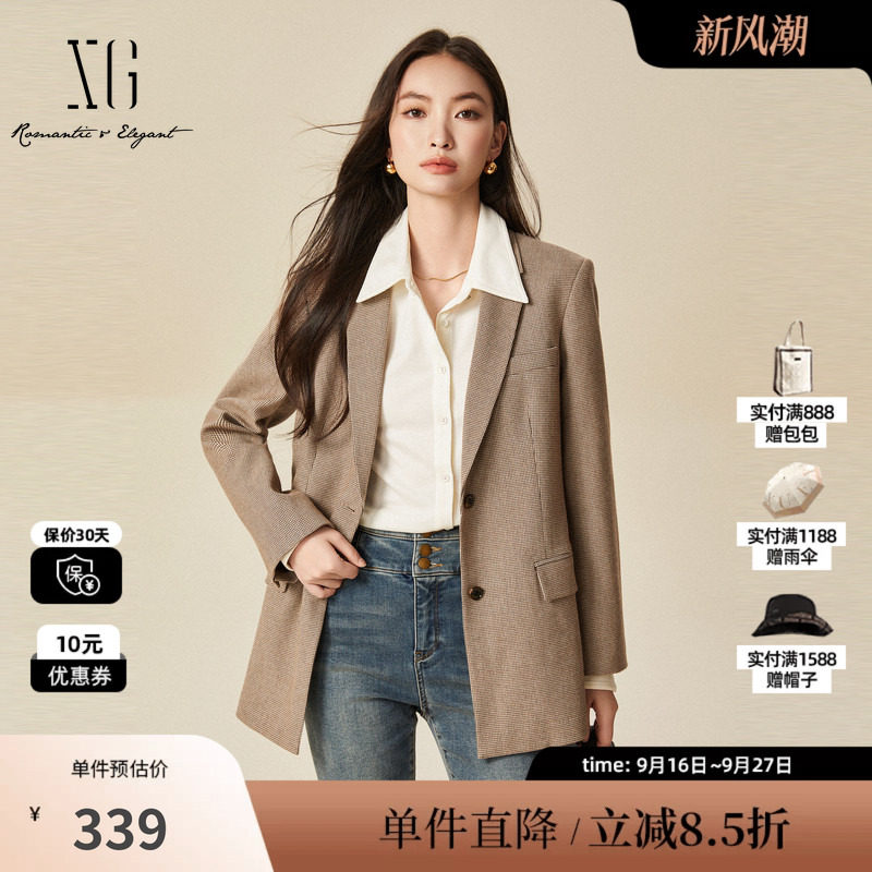 XG雪歌XJ407033B105复古格纹长袖西装时尚冬季新款翻领长袖外套女