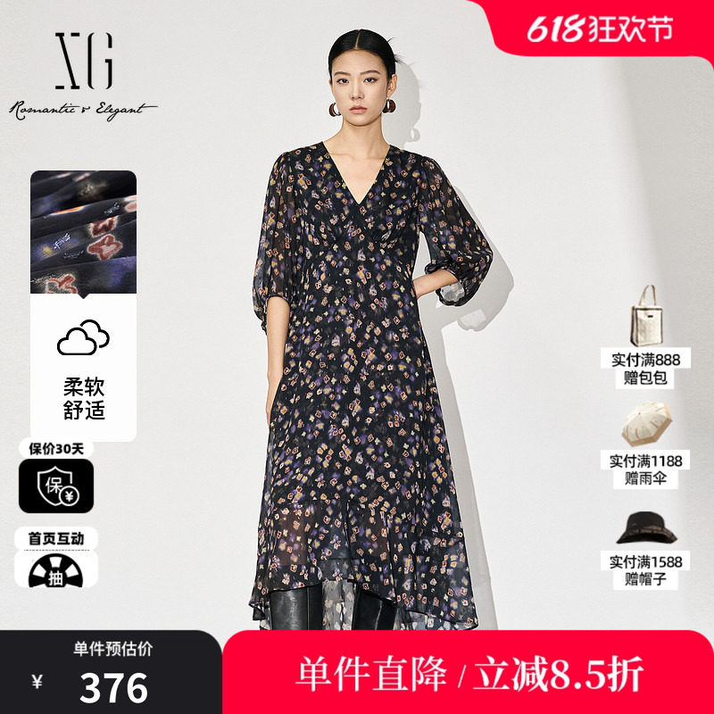XG/雪歌XL304869A806七分袖连衣裙2025秋季新款高腰印花中长裙女