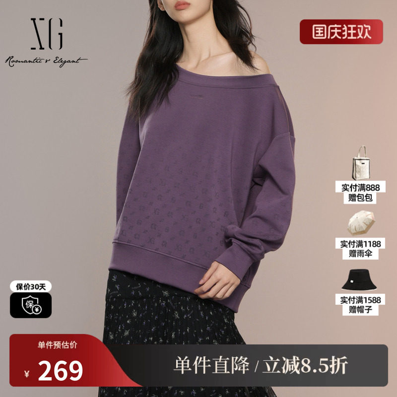 XG/雪歌XK301002A403印花长袖套头卫衣2025秋季新款深紫色上衣女