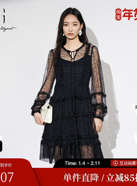 XG/雪歌XJ304020A590黑色长袖连衣裙时尚秋季新款印花网纱A字裙女