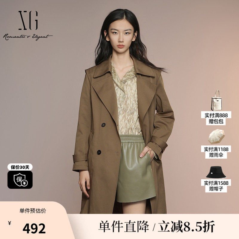 XG/雪歌XK308001A209咖色棉感风衣2025秋季新款系带中长款外套女