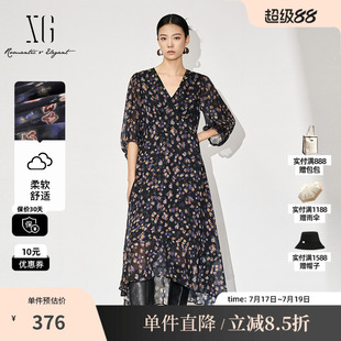 XG/雪歌XL304869A806七分袖连衣裙2025秋季新款高腰印花中长裙女