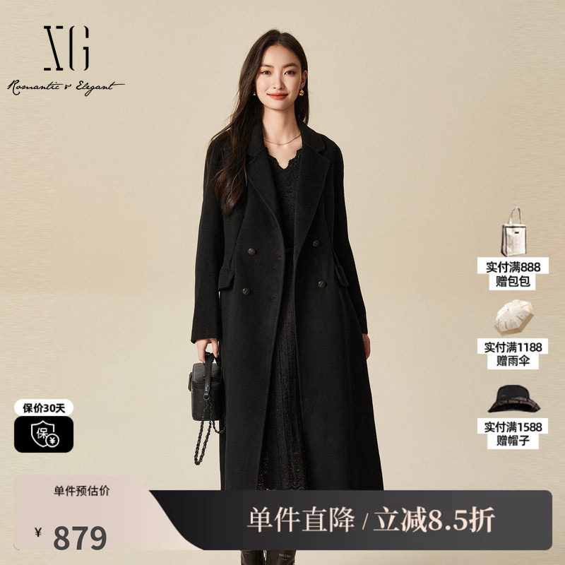 XG/雪歌XJ410053A290 黑中长款毛呢外套收腰翻领羊毛混纺大衣女装
