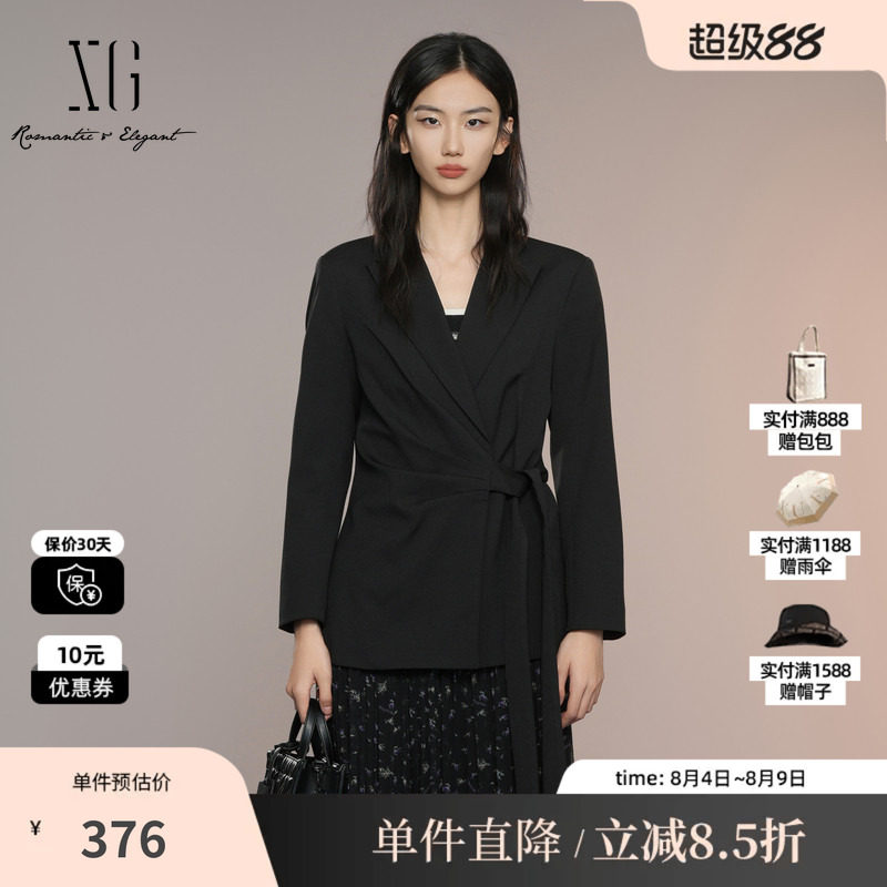 XG雪歌XK307022A490黑色褶皱休闲西装2025秋季新款系带长袖外套女