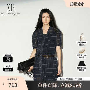 XG/雪歌 XL204032B399黑白条纹短袖两件套连衣裙微透飘带中裙女装