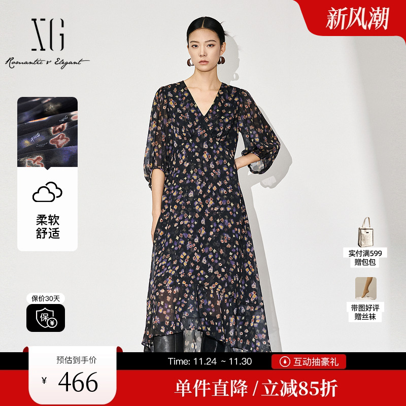 XG/雪歌XL304869A806七分袖连衣裙2025秋季新款高腰印花中长裙女