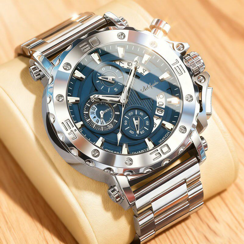 钢铁之心真六针手表男士大表盘石英运动夜光防水多功能钢带男腕款