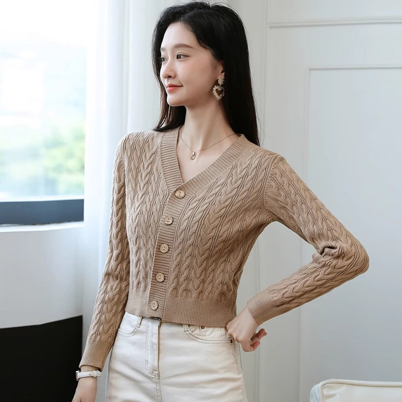 法式V领针织开衫女短款ins保暖羊毛衫2026年秋冬加厚麻花外搭毛衣