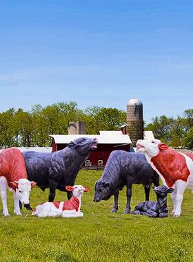 户外仿真大型黄牛玻璃钢雕塑草坪黑牛模型西门塔尔牛园林景观装饰