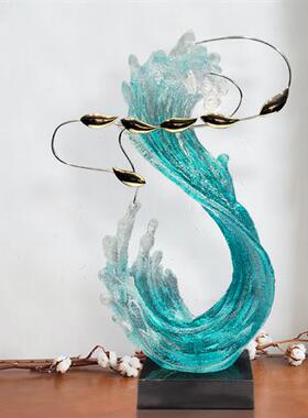 现代酒店透明树脂雕塑客厅创意摆件家居饰品海浪别墅入户玄关装饰