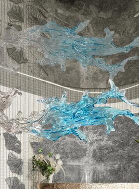 酒店售楼处大堂空中吊顶装饰透明浪花雕塑吊饰树脂摆件挂壁装饰品