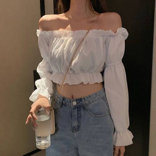 Solid color one neck off shoulder slim fit top一字领修身上衣