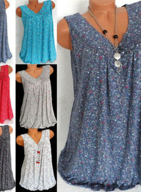Oversize Ladies Summer Casual Blouse Tops Plus Size碎花背心