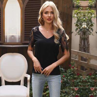 Slim V-neck stitching short-sleeved T-shirt women 短袖t恤女