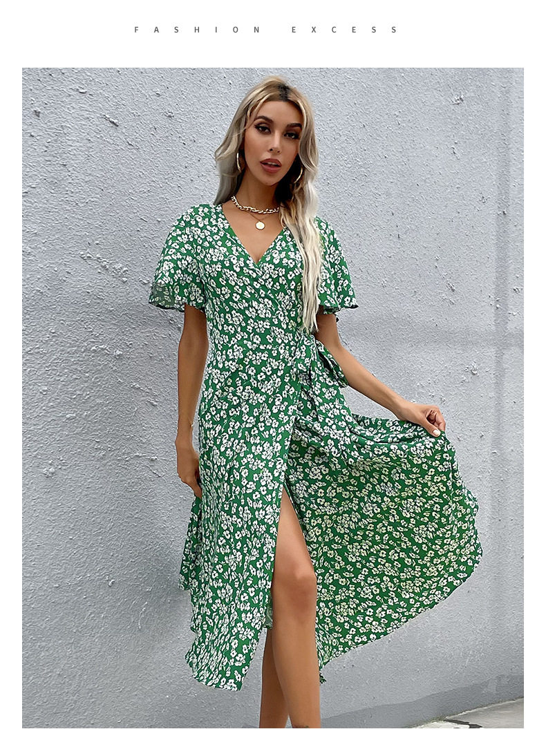 green slim fit ruffle sleeve print dress绿色修身荷叶袖连衣裙