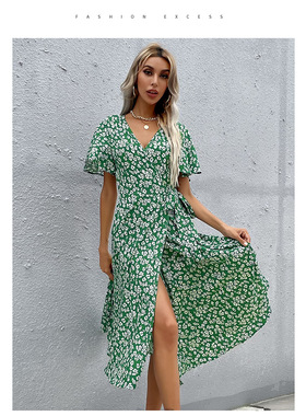 Green Slim Fit Ruffle Sleeve Print Dress绿色修身荷叶袖连衣裙