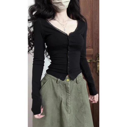 纯欲V领花边修身短款长袖T恤女