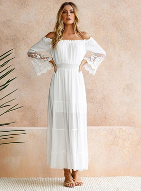 Beach dress sexy off-shoulder lace long dress forwomen连衣裙